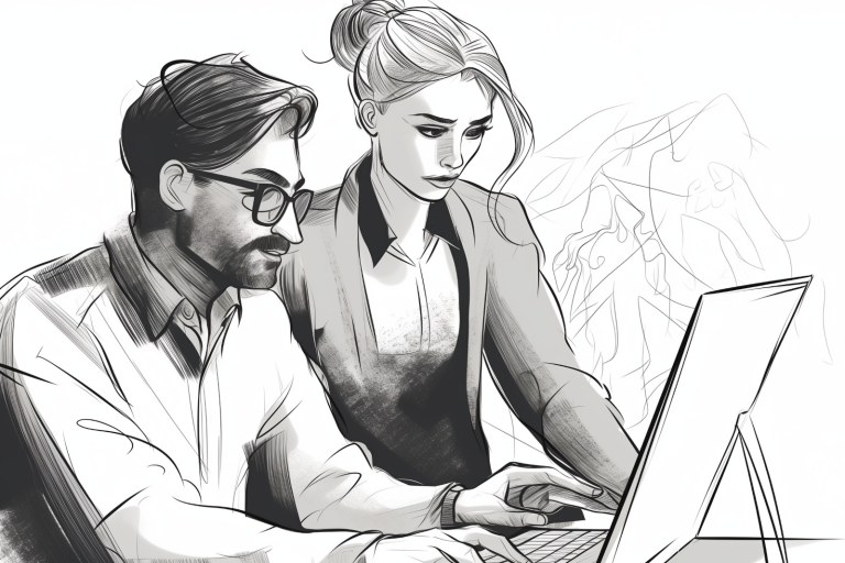 Professional business collaboration black and white illustration showing two coworkers reviewing work on laptop, featuring modern office setting with bearded man wearing glasses and woman in business attire focused on digital project, sketched in detailed monochromatic style