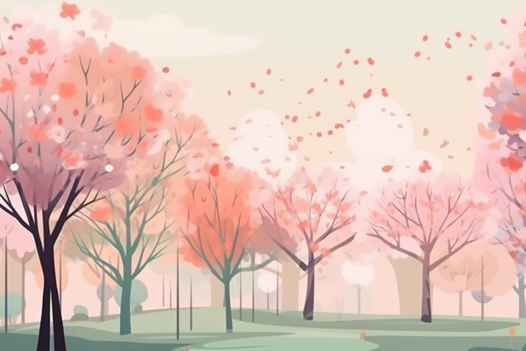 Illustration of spring cherry blossom trees in full bloom, featuring soft pink and coral petals against a pastel sky. Rolling green hills create a serene landscape with delicate petals floating in the breeze, perfect for seasonal marketing, spring themes, and nature-inspired design content